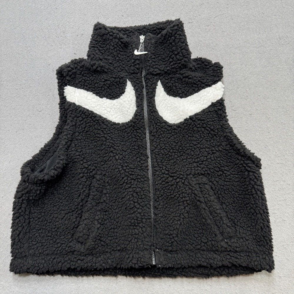 Nike Black Sherpa Zip-Up Vest with White Swoosh